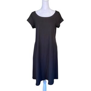 Eileen Fisher Organic Cotton Jersey‎ Swing A Line Black Midi Dress LG Lagenlook